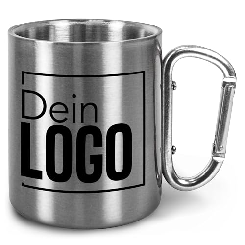 True Statements Edelstahlbecher mit Karabiner personalisiert mit eigenem Logo - Festival oder Fasnetsbecher - 300 ml - Geschenk zum Outdoor & Camping - Griff Silber von True Statements