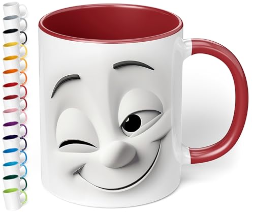 True Statements Emotion Büro Keramik-Tasse „Zwinkerndes Gesicht“ - 330ml Kaffeebecher - Face Mug - Geschenke für Kollegen (Bordeaux) von True Statements