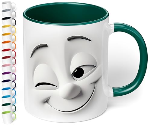 True Statements Emotion Büro Keramik-Tasse „Zwinkerndes Gesicht“ - 330ml Kaffeebecher - Face Mug - Geschenke für Kollegen (Dunkelgrün) von True Statements