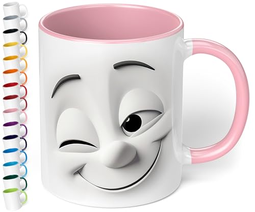 True Statements Emotion Büro Keramik-Tasse „Zwinkerndes Gesicht“ - 330ml Kaffeebecher - Face Mug - Geschenke für Kollegen (Rosa) von True Statements