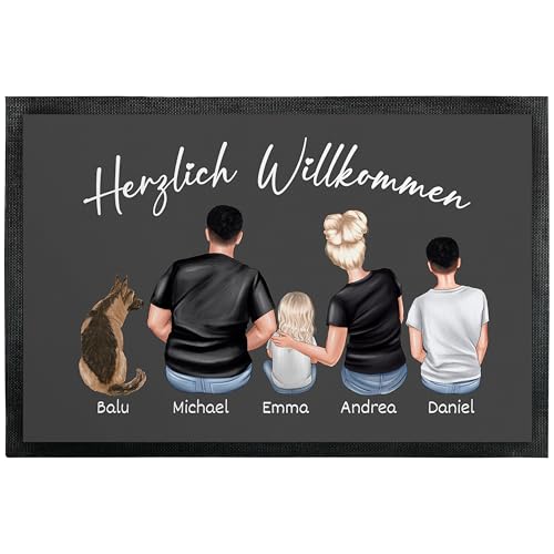 True Statements Fußmatte „Familie“ - personalisiert mit Figuren Namen Hund Katze - Familien Türmatte Fußabtretter Geschenk Einzug Neue Wohnung Schmutzfangmatte – dünn rutschfest, 60 x 90 cm von True Statements