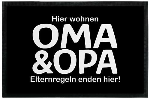 True Statements Fußmatte „Hier wohnen Oma & Opa - Elternregeln Enden Hier“ - Schmutzfang-Matte mit Spruch - Größe 40x60cm, rutschfest, 4mm dick, Gummirand (Hintergrund Schwarz) von True Statements