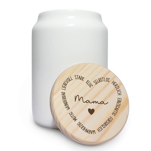 True Statements Geschenk für Mama zum Muttertag: Keramikdose „Mama Begriffe“ - Holzdeckel veredelt mit Gravur - 650ml - Keksdose Aufbewahrungsdose Vorratsdose aromasicher & luftdicht von True Statements