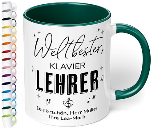 True Statements Geschenk für Musik-Lehrer: Keramik-Tasse „Weltbester Lehrer“ personalisiert mit Instrument und Wunschtext – Kaffeebecher 330ml. - kleine Aufmerksamkeit als Dankeschön (Dunkelgrün) von True Statements