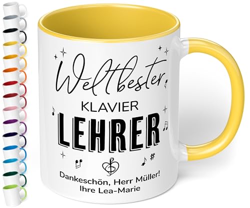 True Statements Geschenk für Musik-Lehrer: Keramik-Tasse „Weltbester Lehrer“ personalisiert mit Instrument und Wunschtext – Kaffeebecher 330ml. - kleine Aufmerksamkeit als Dankeschön (Hellgelb) von True Statements