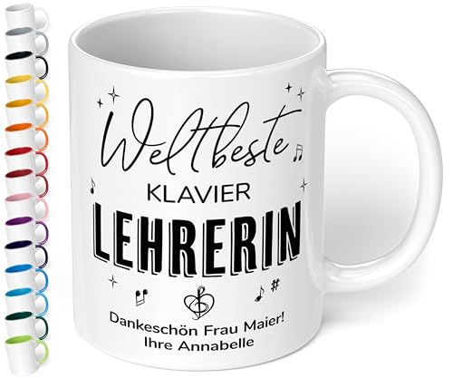 True Statements Geschenk für Musik-Lehrerin: Keramik-Tasse „Weltbeste Lehrerin“ personalisiert mit Instrument und Wunschtext – Kaffeebecher 330ml. - kleine Aufmerksamkeit als Dankeschön (Weiß) von True Statements