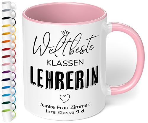 True Statements Geschenk für Schullehrerin: Keramik-Tasse „Weltbeste Lehrerin“ personalisiert mit Unterrichtsfach und Wunschtext – Kaffeebecher 330ml. - kleine Aufmerksamkeit (Rosa) von True Statements