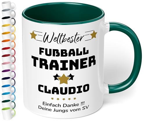 True Statements Geschenk für Trainer: Keramik-Tasse „Weltbester Trainer“ personalisiert mit Sportart, Namen und Wunschtext – Kaffeebecher 330ml. - Fußball Handball (Dunkelgrün) von True Statements