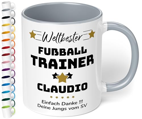 True Statements Geschenk für Trainer: Keramik-Tasse „Weltbester Trainer“ personalisiert mit Sportart, Namen und Wunschtext – Kaffeebecher 330ml. - Fußball Handball (Grau) von True Statements