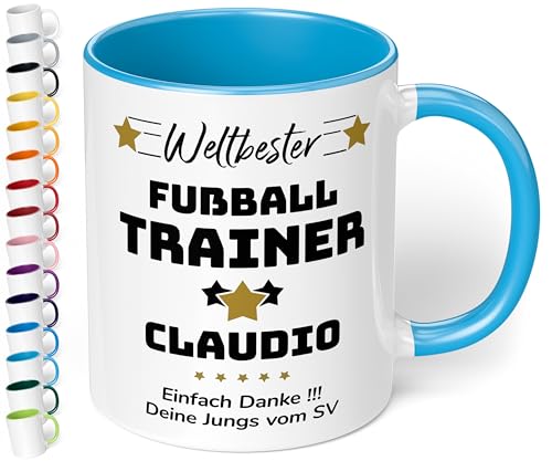 True Statements Geschenk für Trainer: Keramik-Tasse „Weltbester Trainer“ personalisiert mit Sportart, Namen und Wunschtext – Kaffeebecher 330ml. - Fußball Handball (Hellblau) von True Statements