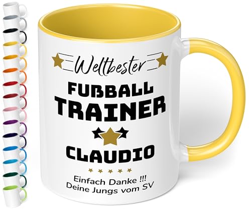 True Statements Geschenk für Trainer: Keramik-Tasse „Weltbester Trainer“ personalisiert mit Sportart, Namen und Wunschtext – Kaffeebecher 330ml. - Fußball Handball (Hellgelb) von True Statements