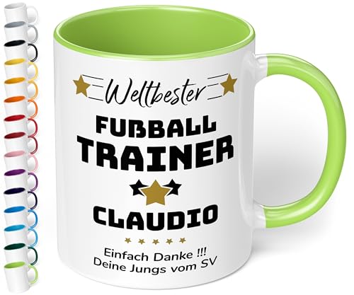 True Statements Geschenk für Trainer: Keramik-Tasse „Weltbester Trainer“ personalisiert mit Sportart, Namen und Wunschtext – Kaffeebecher 330ml. - Fußball Handball (Hellgrün) von True Statements