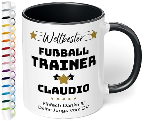 True Statements Geschenk für Trainer: Keramik-Tasse „Weltbester Trainer“ personalisiert mit Sportart, Namen und Wunschtext – Kaffeebecher 330ml. - Fußball Handball (Schwarz) von True Statements