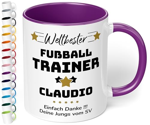 True Statements Geschenk für Trainer: Keramik-Tasse „Weltbester Trainer“ personalisiert mit Sportart, Namen und Wunschtext – Kaffeebecher 330ml. - Fußball Handball (Violett) von True Statements