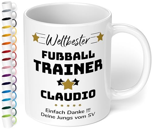 True Statements Geschenk für Trainer: Keramik-Tasse „Weltbester Trainer“ personalisiert mit Sportart, Namen und Wunschtext – Kaffeebecher 330ml. - Fußball Handball (Weiß) von True Statements