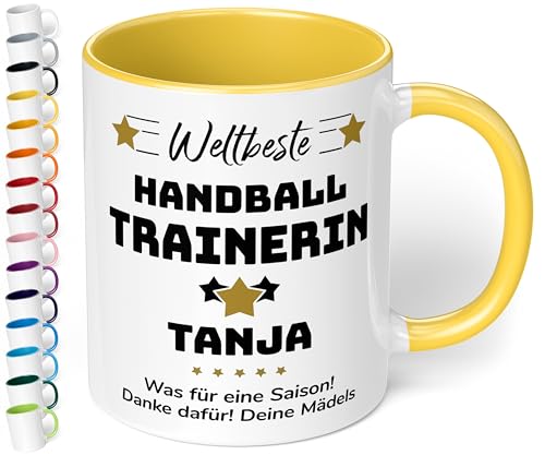 True Statements Geschenk für Trainerin: Keramik-Tasse „Weltbeste Trainerin“ personalisiert mit Sportart, Namen und Wunschtext – Kaffeebecher 330ml. – Tanz Zumba (Hellgelb) von True Statements