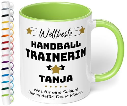 True Statements Geschenk für Trainerin: Keramik-Tasse „Weltbeste Trainerin“ personalisiert mit Sportart, Namen und Wunschtext – Kaffeebecher 330ml. – Tanz Zumba (Hellgrün) von True Statements