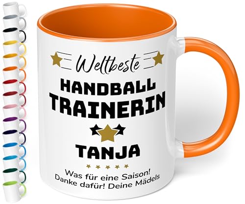 True Statements Geschenk für Trainerin: Keramik-Tasse „Weltbeste Trainerin“ personalisiert mit Sportart, Namen und Wunschtext – Kaffeebecher 330ml. – Tanz Zumba (Orange) von True Statements