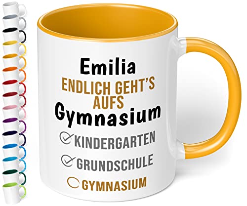 True Statements Geschenk zum Übertritt aufs Gymnasium: Keramik-Tasse mit Namen „WUNSCHNAME Endlich geht’s aufs Gymnasium“ - Geschenk zur 5. Klasse – Gymi Geschenk für Mädchen und Jungen (Goldgelb) von True Statements