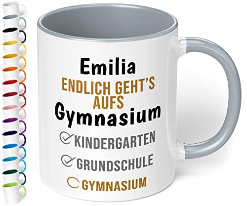 True Statements Geschenk zum Übertritt aufs Gymnasium: Keramik-Tasse mit Namen „WUNSCHNAME Endlich geht’s aufs Gymnasium“ - Geschenk zur 5. Klasse – Gymi Geschenk für Mädchen und Jungen (Grau) von True Statements