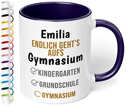 True Statements Geschenk zum Übertritt aufs Gymnasium: Keramik-Tasse mit Namen „WUNSCHNAME Endlich geht’s aufs Gymnasium“ - Geschenk zur 5. Klasse – Gymi Geschenk für Mädchen und Jungen (Kobaltblau) von True Statements