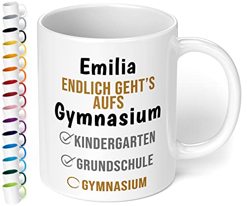 True Statements Geschenk zum Übertritt aufs Gymnasium: Keramik-Tasse mit Namen „WUNSCHNAME Endlich geht’s aufs Gymnasium“ - Geschenk zur 5. Klasse – Gymi Geschenk für Mädchen und Jungen (Weiß) von True Statements