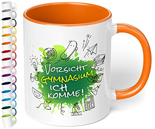 True Statements Geschenk zur Einschulung aufs Gymnasium - hochwertige Keramik Tasse mit Spruch Vorsicht Gymnasium, ich komme! auf Wunsch mit Namen (ohne Wunschname, Orange) von True Statements