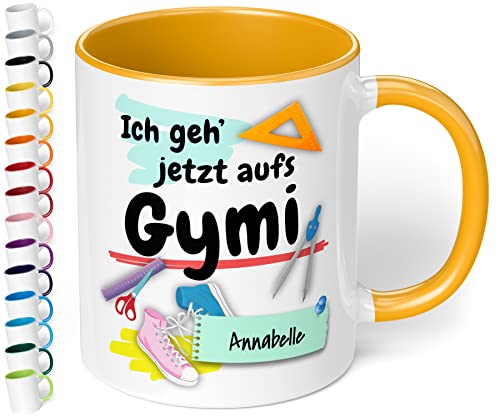 True Statements Geschenk zur Einschulung aufs Gymnasium mit Namen - Geschenk zur 5. Klasse - hochwertige Keramik Tasse mit Spruch Ich geh‘ jetzt aufs Gymi mit Wunschnamen (Goldgelb) von True Statements