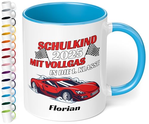 True Statements Geschenk zur Einschulung für Jungs: Keramik-Tasse personalisiert „Schulkind 2025 - Mit Vollgas in die 1. Klasse“ - 330ml - Erstklässler, Hellblau von True Statements