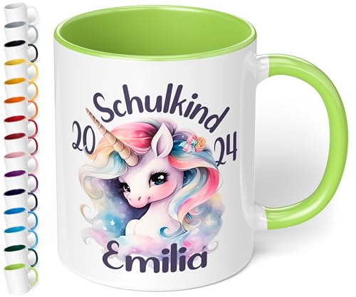 True Statements Geschenk zur Einschulung für Mädchen & Jungen: Keramik-Tasse „Schulkind 2024“ - EINHORN-Motiv - 330ml - personalisiert mit Namen Erstklässler Schüler 1. Klasse (Hellgrün) von True Statements