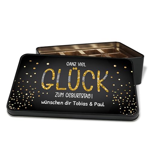 True Statements Geschenkdose personalisiert „Ganz viel Glück zum Geburtstag“ - Geschenk-Verpackung mit Wunschtext selbst gestalten - Metalldose zum Selbstbefüllen, 18x11 cm von True Statements