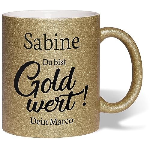 True Statements Glitzertasse personalisiert „Wunschname Du bist Goldwert!“ – 330ml – mit Glitzerbeschichtung – Geschenk-Idee Geburtstag Weihnachten für Freunde & Familie (Dunkelgold) von True Statements