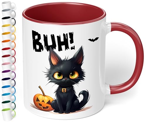 True Statements Halloween Keramik-Tasse „BUH! Schwarze Katze“ – ca. 330ml –Kaffeebecher mit Spruch, kleines gruseliges Geschenk (Bordeaux) von True Statements