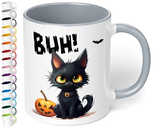 True Statements Halloween Keramik-Tasse „BUH! Schwarze Katze“ – ca. 330ml –Kaffeebecher mit Spruch, kleines gruseliges Geschenk (Grau) von True Statements