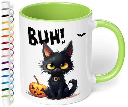 True Statements Halloween Keramik-Tasse „BUH! Schwarze Katze“ – ca. 330ml –Kaffeebecher mit Spruch, kleines gruseliges Geschenk (Hellgrün) von True Statements