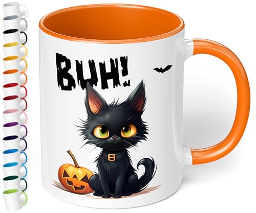 True Statements Halloween Keramik-Tasse „BUH! Schwarze Katze“ – ca. 330ml –Kaffeebecher mit Spruch, kleines gruseliges Geschenk (Orange) von True Statements