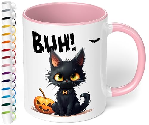 True Statements Halloween Keramik-Tasse „BUH! Schwarze Katze“ – ca. 330ml –Kaffeebecher mit Spruch, kleines gruseliges Geschenk (Rosa) von True Statements