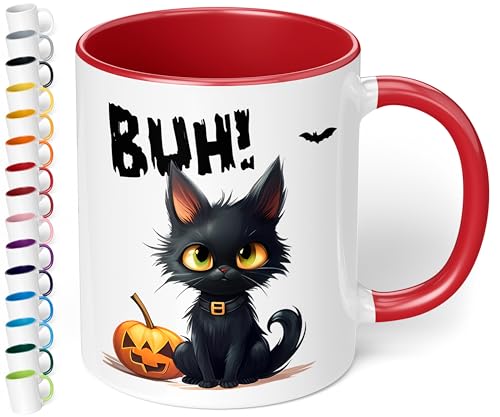 True Statements Halloween Keramik-Tasse „BUH! Schwarze Katze“ – ca. 330ml –Kaffeebecher mit Spruch, kleines gruseliges Geschenk (Rot) von True Statements