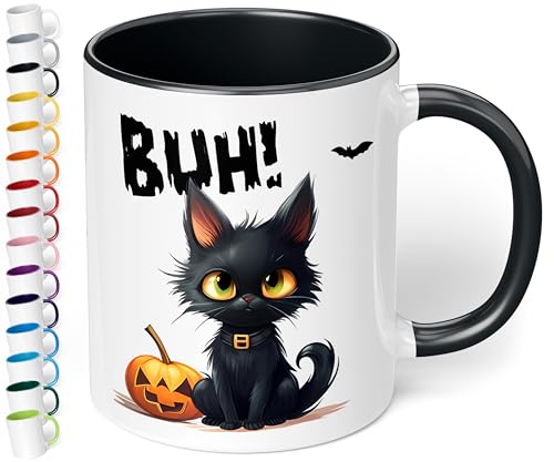 True Statements Halloween Keramik-Tasse „BUH! Schwarze Katze“ – ca. 330ml –Kaffeebecher mit Spruch, kleines gruseliges Geschenk (Schwarz) von True Statements