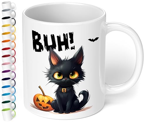 True Statements Halloween Keramik-Tasse „BUH! Schwarze Katze“ – ca. 330ml –Kaffeebecher mit Spruch, kleines gruseliges Geschenk (Weiß) von True Statements