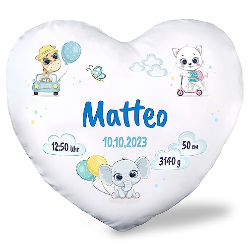 True Statements Herz-Kissen als Geschenk zur Geburt fürs Baby personalisiert - für Mädchen & Jungen (Name, Größe, Gewicht, Datum) - 40x31cm, waschbar, inkl. Kissen-Füllung - Babygeschenke (Jungen) von True Statements