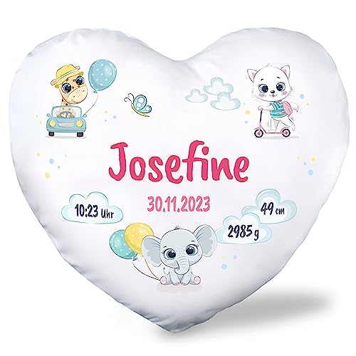 True Statements Herz-Kissen als Geschenk zur Geburt fürs Baby personalisiert - für Mädchen & Jungen (Name, Größe, Gewicht, Datum) - 40x31cm, waschbar, inkl. Kissen-Füllung - Babygeschenke (Mädchen) von True Statements