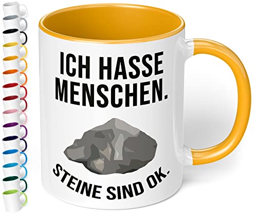True Statements Ich hasse Menschen Steine sind ok - Kaffeetasse mit lustigem Spruch - beidseitig bedruckt - spülmaschinenfest Innen Gold Gelb von True Statements