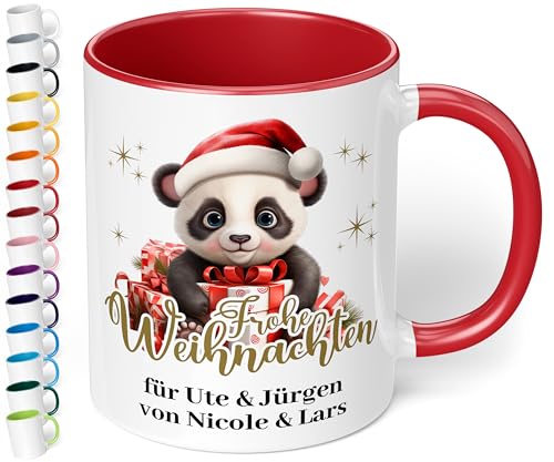 True Statements Kinder Weihnachtstasse personalisiert „Frohe Weihnachten“ Panda-Motiv 330ml Keramik Tasse mit Namen Mädchen Junge – Geschenk zu Weihnachten (Rot) von True Statements