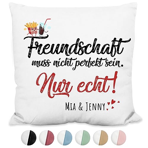 True Statements Kissen Freundschaft muss nicht perfekt sein nur echt Wunsch Name - Personalisiertes Deko Kissen mit Wunsch-Text als Geschenk - Bezug inkl. Füllung - waschbar, rückseite blau von True Statements