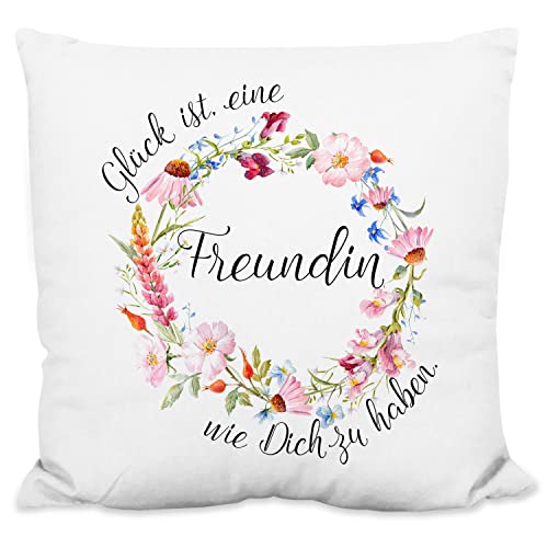 True Statements Kissen „Glück ist eine Freundin wie Dich zu haben“ - 40x40cm, inkl. Kissen-Füllung | Zierkissen, Geschenk-Idee (Strukturiertes Kissen) von True Statements