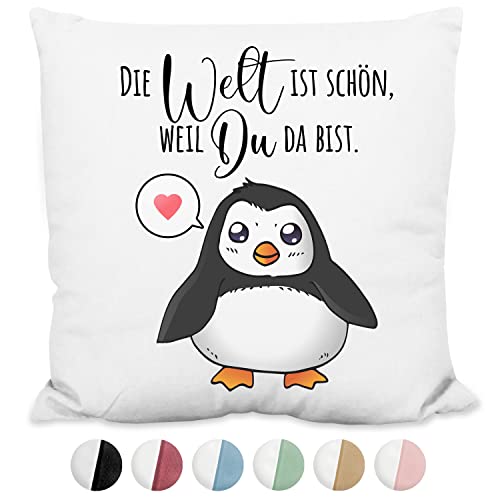 True Statements Kissen mit Spruch Die Welt ist schön Weil du da bist - 40x40cm, Reißverschluss inkl. Füllung Rückseite Schwarz von True Statements