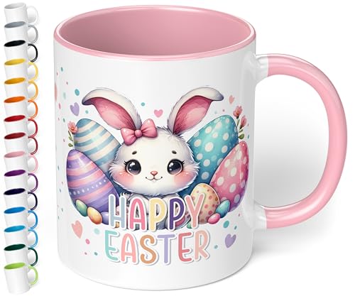 True Statements Kleines Ostergeschenk „Happy Easter“ mit süßem Osterhasen & Ostereiern – 330ml Keramik Kaffeetasse – Geschenke zu Ostern Easter gift (Rosa) von True Statements