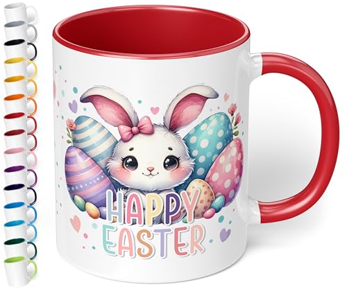 True Statements Kleines Ostergeschenk „Happy Easter“ mit süßem Osterhasen & Ostereiern – 330ml Keramik Kaffeetasse – Geschenke zu Ostern Easter gift (Rot) von True Statements