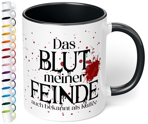 True Statements Lustige Keramik-Tasse „Das Blut meiner Feinde“ - 330ml - Büro Kaffeetasse mit Spruch – Geschenk für Arbeits-Kollegen Kunden Chef (Schwarz) von True Statements